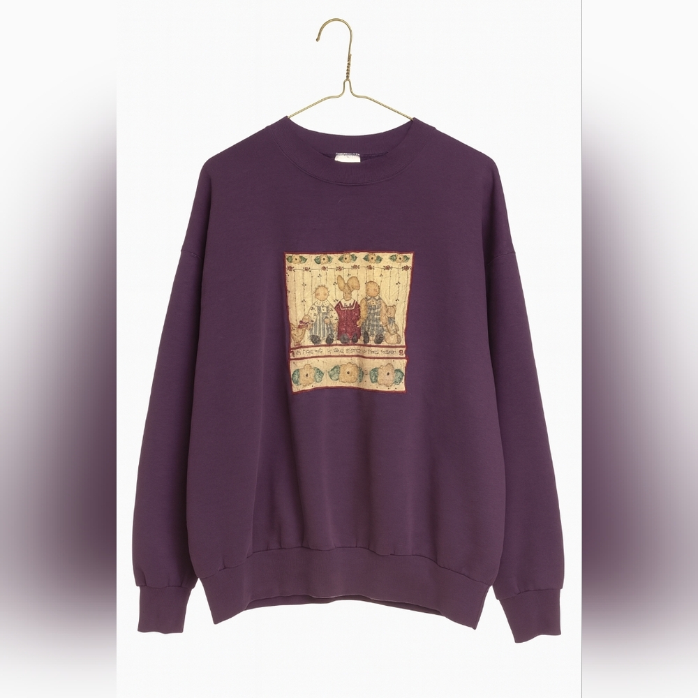 Vintage 90s Fruit of the Loom Purple Sweatshirt Patchwork Graphic